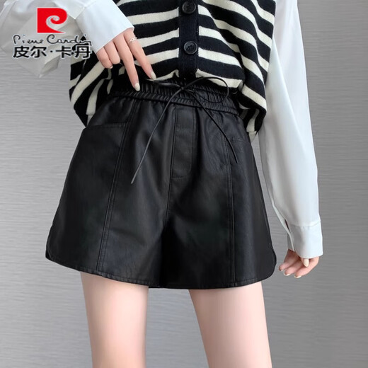 Pierre Cardin PU Leather Shorts Women's Autumn and Winter 2025 New Fashion Outerwear Loose Slim Drawstring High Waist A-Line Casual Boot Pants Brown L