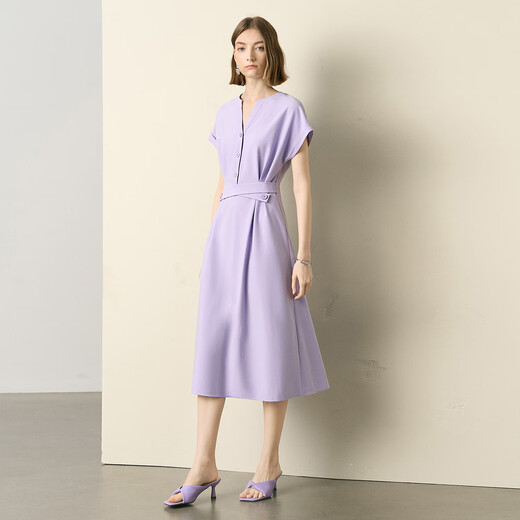 Farbdomain Kurzarm Ständer Kragenkleid für Frauen 2025 Sommer High-End-Satin-Schnür-up Taille-close-Mid-Long-Kleid lila m