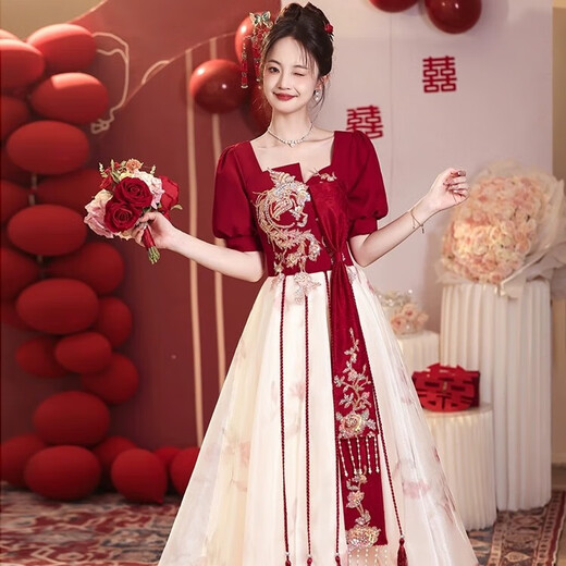 丽佰昕中式敬酒服新娘新款2025夏季订婚结婚礼服裙女高端纱裙回门晚礼服 酒红色 L 建议105-110斤