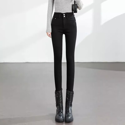 ZHIDOUDOU2023 Winter-Samt-verdickte Jeans für Damen, hohe Taille, koreanischer Stil, Übergröße, Fett mm, kleine Füße, Bleistifthose, schwarze erweiterte Version P9859-8, blauer Samt, erweiterte Version 26 #Gewicht 90Jin Jin entspricht 0,5 kg oder mehr