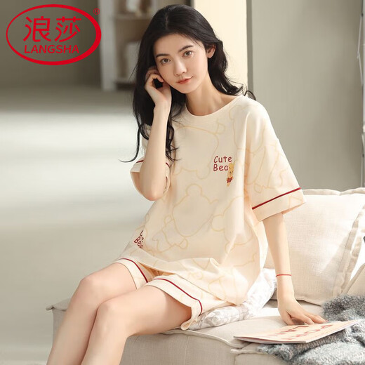 浪莎（LangSha）睡衣女款夏季纯棉短袖短裤可外穿2025年新款全棉家居服套装 9855 品牌纯棉 M 建议80-100斤穿