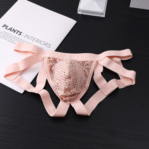 Shiny men's underwear, sexy low-waisted double thongs, hip lifting sports thongs, boys' hollow briefs, sports students, white M