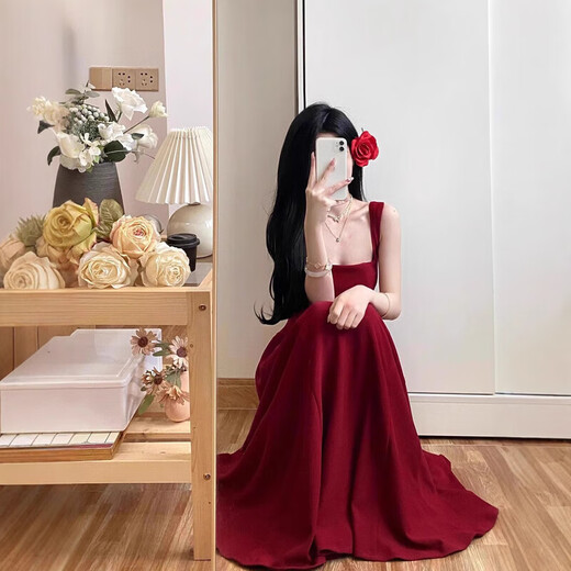 
Mu Ni red suspender dress Women's summer French U-neck waist dress skirt engagement clothes toast clothes to look slim red skirt Red long skirt [burgundy] M size