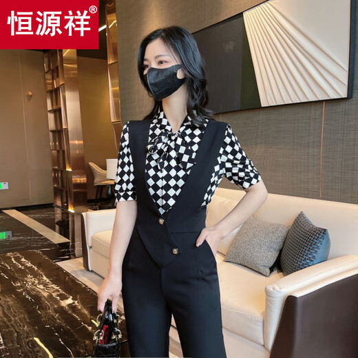 恒源祥背带裤套装女2025年夏季新款时尚洋气减龄高腰背带直筒裤两件套 黑色【两件套】 M 建议80-100斤