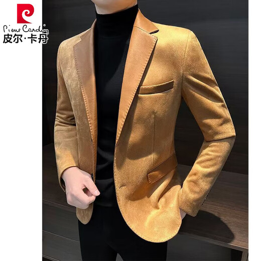 Pierre Cardin 2025 deerskin casual men's suit jacket trendy autumn and winter Hong Kong style handsome new high-end splicing suit Khaki XL