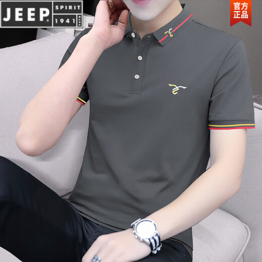 JEEP SPIRIT珠地棉保罗刺绣Polo衫男士修身短袖t恤夏季翻领上衣透气半袖体恤 S5012款 黑色 M 适合95-115斤