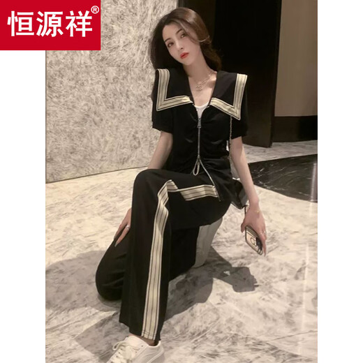 恒源祥时尚流行运动休闲两件套装女夏季新款日常舒适翻领短袖显瘦阔腿裤 黑色套装(高品质) S 70-90斤