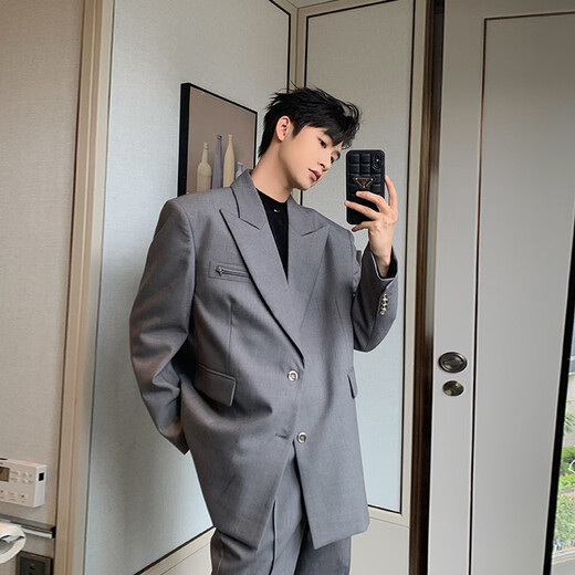 HUALUNDESIGN Autumn and Winter Korean Casual Suit Suit Men's High-end Handsome Loose College Student Suit Matching Set Black Top XL