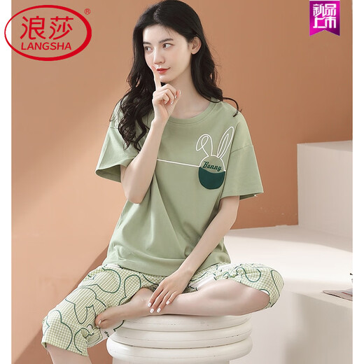 LangSha 2025 new pajamas for women in summer pure cotton short-sleeved cropped pants casual home clothing summer thin suit YN1278 YN6278 M Recommended 80-100