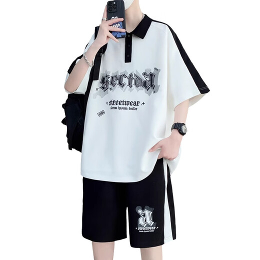 歌古森夏季薄短袖t恤男孩12-16岁青少年初中学生帅气大童潮流休闲套装潮 6629黑色（短袖+短裤） 4XL 175-190斤左右