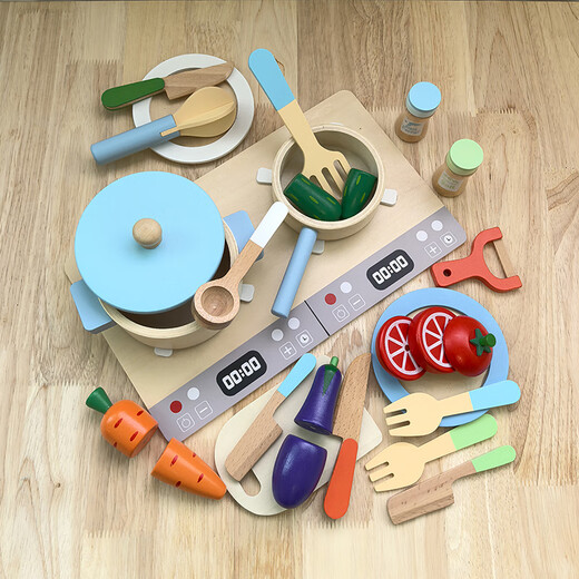 儿童厨房套装仿真小厨具男女做饭锅具组合六一礼物木质过家家玩具 美食锅具B组合套