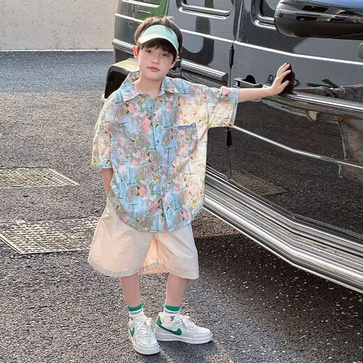 TTPMER男童夏季短袖衬衫薄款花衬衣休闲男孩夏装上衣 6626图片色衬衫【上衣】 120