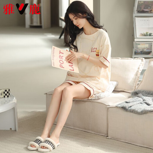 El pijama de verano de alta gama de Yalu para mujeres en el verano, los pantalones cortos de algodón puro para mujeres se pueden usar fuera del nuevo juego de ropa para el hogar de algodón de año nuevo 9854 marca pura algodón M 80-100Jin [Jin iguala 0.5 kg]
