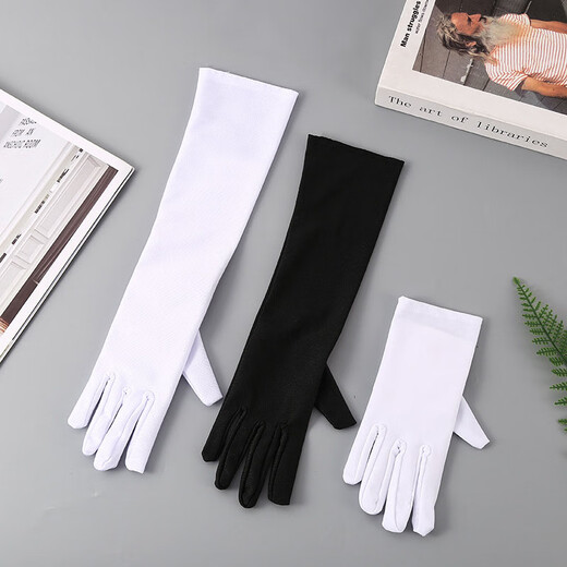 Jingji Satin Stretch Gloves Long Festival Party Performance Bar vestido de baile Vestido retro Vestido de novia Hepburn Photo Black Extended Gloves [Long 53cm1 Par]