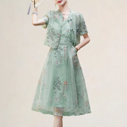 Olj Light Luxury Brand Kleid für Frauen 2025 Sommer neuer Stil neuer chinesischer Stil eleganter Stickerei Altersreduzierender Anzug Rock Grün M.