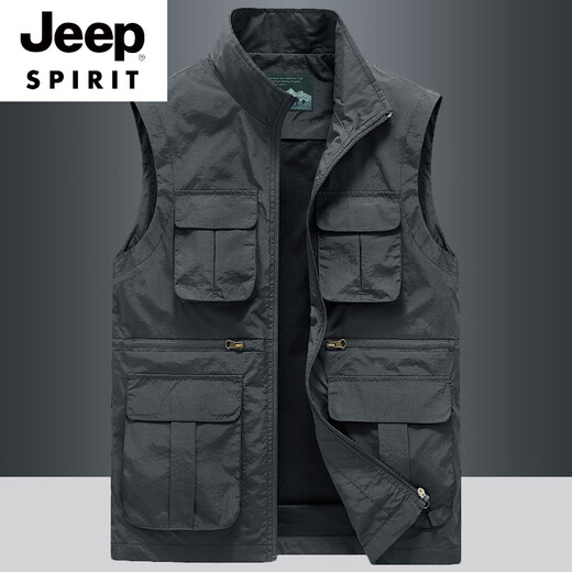 
JEEP SPIRIT spring and summer thin work vest men's multi-pocket outdoor wearing fishing photography tactical vest jacket 718-spring and summer-black thin XL (suitable for 140-155 Jin [Jin equals 0.5 kg])