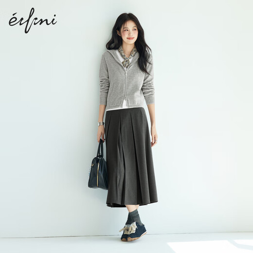 伊芙丽（eifini）伊芙丽经典简约质感百褶长半裙女2025秋季新款百搭休闲通勤裙子 沉檀灰 中长版 随单赠送皮带 S 80-100斤