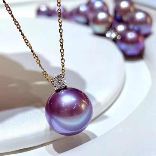 Qianjun Purple Pearl Necklace Pendant Round Tahiti Purple Highlight Princess Single Clavicle Chain 925 Silver Temperament 10mm