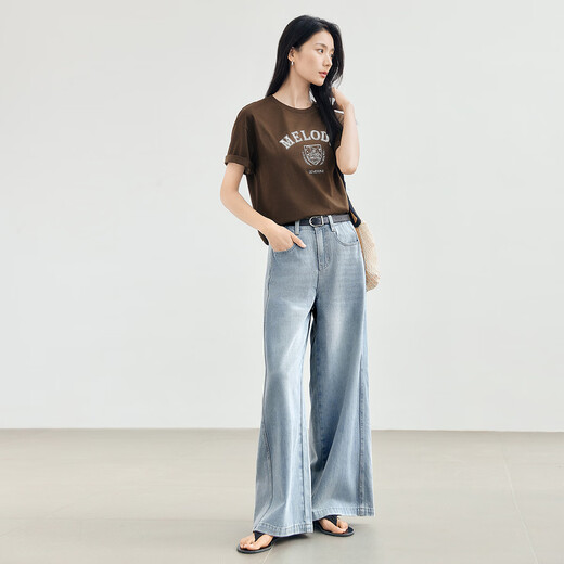 对白设计感解构阔腿牛仔裤女夏薄款2025新款遮胯显瘦宽松直筒长裤 牛仔蓝 26