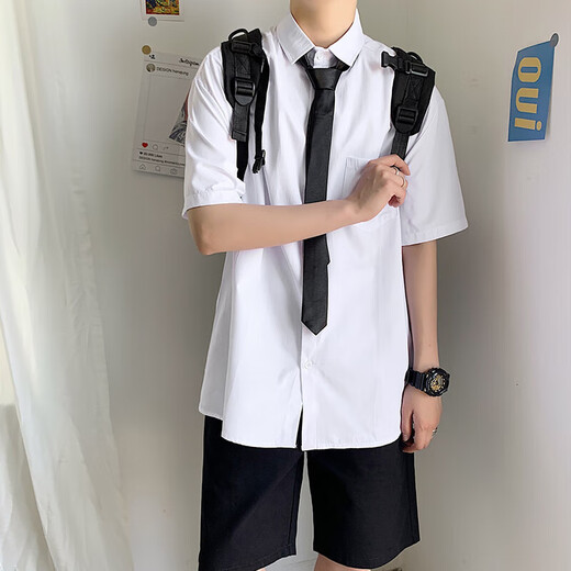 【宽松韩版】夏季领带短袖白衬衫男泰国学院风衬衣百搭上衣服学生 WB-C18【白色】 L