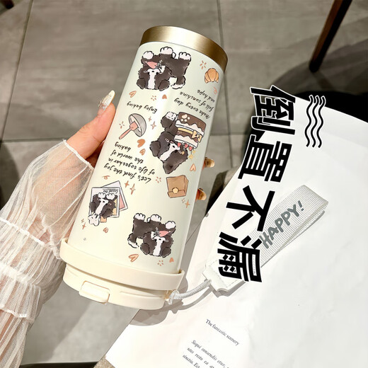 苏泊尔（SUPOR）保温杯女士高颜值2025新款开心小狗不锈钢学生专用咖啡杯手拎便携 DX1047蝴蝶结墨猫+配挂绳 陶瓷内胆
