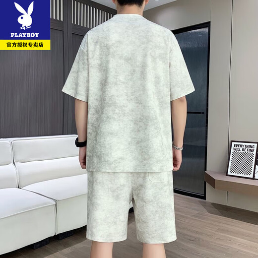 花花公子夏季新款休闲运动套装短袖套装宽松潮流男士帅气短裤两件套一套男 米白色 XL 建议120-140斤