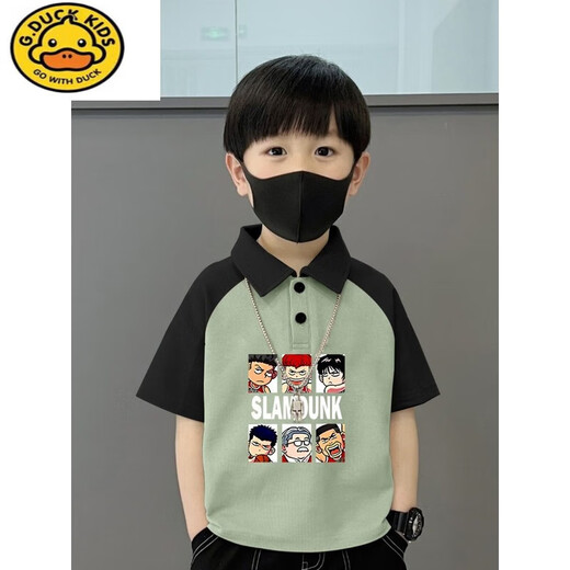 G.DUCKKIDS纯棉POLO衫短袖T恤儿童夏季新款中大童宽松拼接帅气翻领男孩上衣 674笑脸-绿杏-POLO衫纯棉品 120