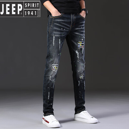 JEEP SPIRIT夏季薄款破洞牛仔裤男士痞帅潮牌弹力2025新款修身小脚潮流长裤男 687黑色 32