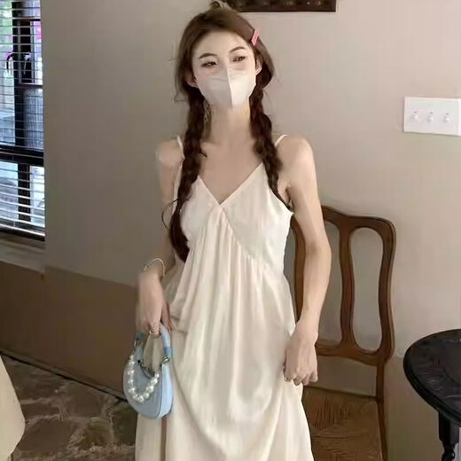 Vestido de suspensión de Na ling para mujeres en verano 2025 Nuevo temperamento blanco puro dulce sin mangas sin cintura larga Vestido de suspensión francesa-Off-blancos L (recomendado 100-120 Jin [Jin iguala 0.5 kg])