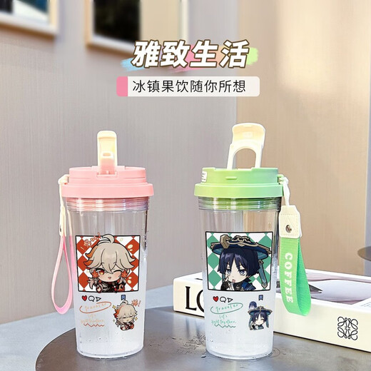 Der Wasserbecher von Xianggeng Bird Genshin Impact Naxida Girls, die hochwertige Sportstudenten mit großer Kapazität, männliche und weibliche Plastik-Anti-Fall-Strohhalm BXAO15941 DADA Sandou Design [500 ml weiß] begleitet