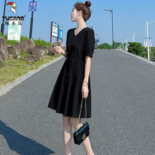 Woodpecker Small Dress Summer Women's 2025 New Age Reducing Temperament French Waist Slimming Skirt Women's Clothing Summer Black M [Suggested 100-115Jin [Jin equals 0.5 kg]]