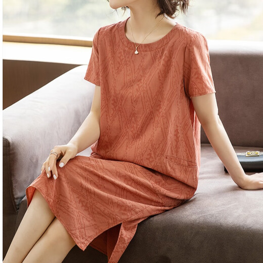 Hengyuanxiang Coton décontracté et lin Robe à manches courtes pour femmes en été 2025 Nouveau tempérament Mère Suit de grande taille Loose Skut Jupe Orange Red S