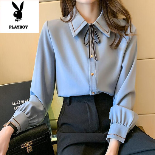 Playboy (PLAYBOY) autumn new chiffon shirt women's top bow tie lapel versatile polo collar shirt long-sleeved bottoming shirt blue XL 125-140Jin Jin equals 0.5 kg