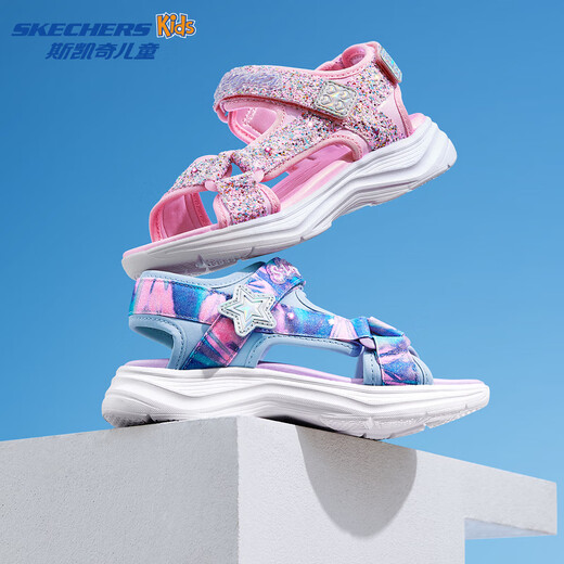 Skechers Summer Girls Velcro Sandals Fashion Flashing Casual Lightweight Versatile Comfortable Shoes Beach Shoes 303103L Light Blue/Multicolor/LBMT 27.5