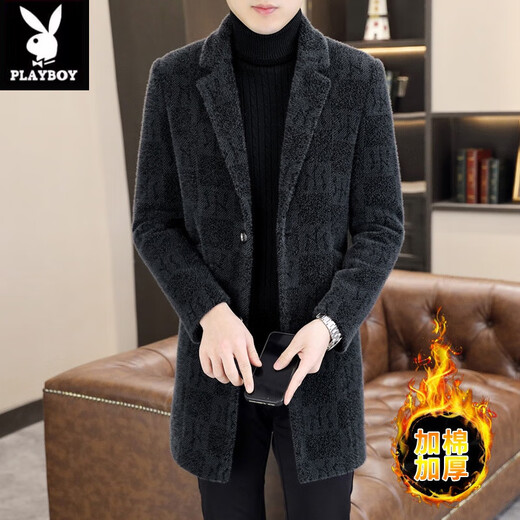 Playboy (PLAYBOY) mid-length woolen coat men's autumn and winter cotton thickened suit collar woolen windbreaker high-end gold mink velvet coat 730 black sense/counter quality 3XL 145-160Jin Jin is equal to 0.5 kg can be worn