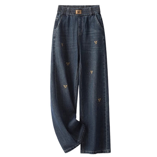 Cool Chapter (KUZHANG) embroidered narrow version wide-leg pants for women 2025 spring and autumn new elastic high-waist jeans lazy and relaxed straight pants 9928# cement grey plus velvet version M