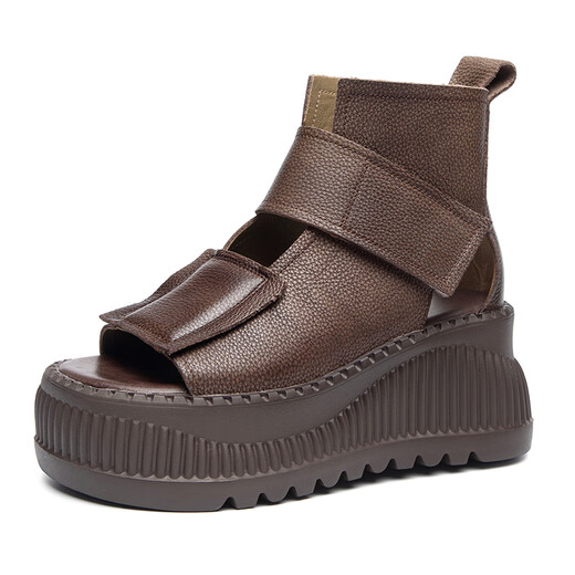 Lairan cowhide sandals thick-soled heightened women's shoes, wedge velcro hollowed-out Roman shoes versatile 2025 summer new style black 37