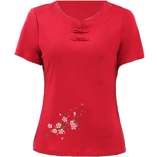 Chemise d'été de Madianfen 2025 Nouveau t-shirt à manches courtes pour personnes d'âge moyen et âgées, vêtements lâches brodés d'âge moyen 9928 Bourgogne à manches xl 105jin [Jin est égal à 0,5 kg]