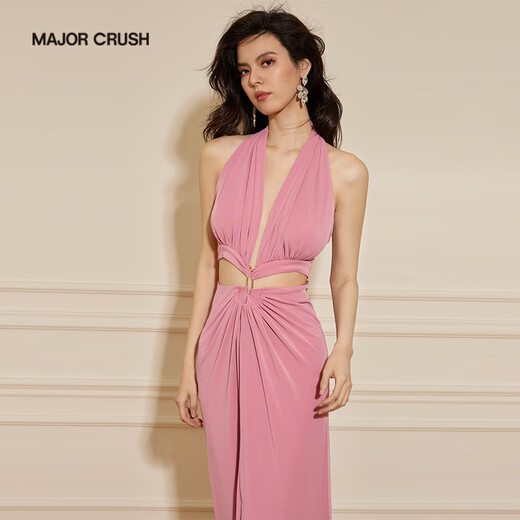 MAJOR CRUSH法式粉色挂脖连衣裙露腰设计感性感轻奢包臀长裙优雅修身时尚6194 粉色 M (106-115斤)