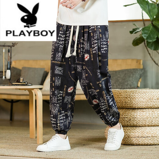 Playboy (PLAYBOY) linen summer men's printed bloomers loose legged nine-point harem casual pants large size wind flower pants K299 Thai style blue 2XL recommended 160-170Jin Jin equals 0.5 kg