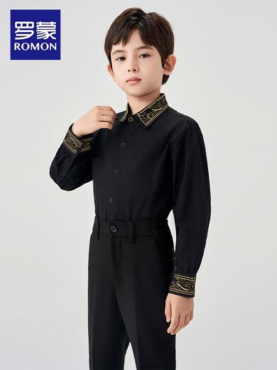 Luo Meng children's black shirt and black trousers boys' performance clothing chorus suit summer embroidered black shirt and trousers two-piece set long-sleeved embroidered black shirt + black trousers 130 cm