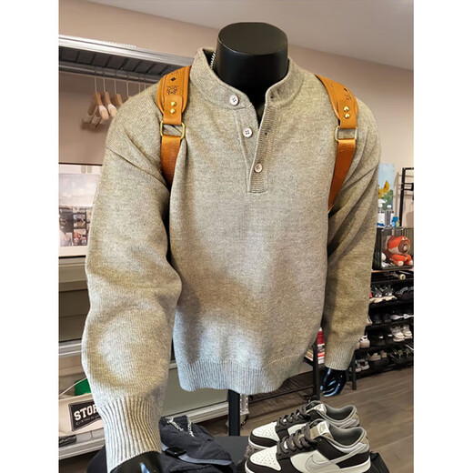 Main style (ZHUYIFAN) gray American Henley collar knitted sweater for men with long sleeves, lazy style, cleanfit inner base sweater jacket, light gray, upgraded version 4XL (recommended 180-195Jin Jin is equal to 0.5kg)