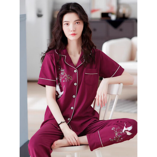浪莎（LangSha）2025年新款睡衣女士夏季短袖长裤妈妈大码家居服夏天薄款可外穿 Q9923 XL [建议120-140斤]