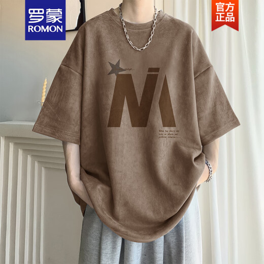 罗蒙（ROMON）杏色短袖t恤男士夏季薄款宽松休闲半袖男生圆领五分体恤衣服 5012杏色 M 90-110斤可穿