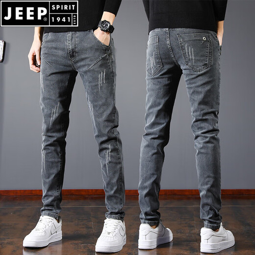 Jeep Spirit2025 Neue Jeans Männer schlanke kleine Füße sommerliche Herrenhosen Sommer dünne Hose mit geraden Beinen Herrenhosen SSNZ-6636 Grau [Frühlings- und Herbststil ohne Samt] 32