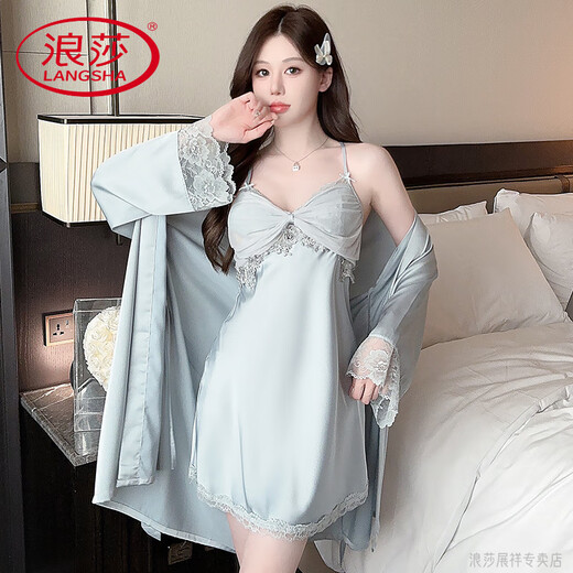 浪莎（LangSha）轻奢高档性感睡衣纯欲冰丝2025新款女春秋女款睡裙春季女士春秋款 XS6227蓝色 L 【建议100~120斤】