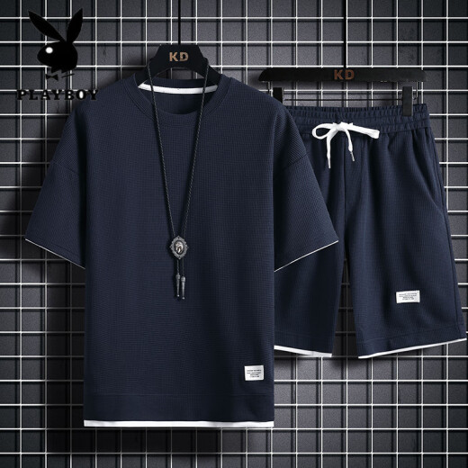 花花公子（PLAYBOY）重磅华夫格短袖T恤男夏季宽松大码运动短裤套装工作服圆领透气潮 829黑色【套装】 M 100-120斤