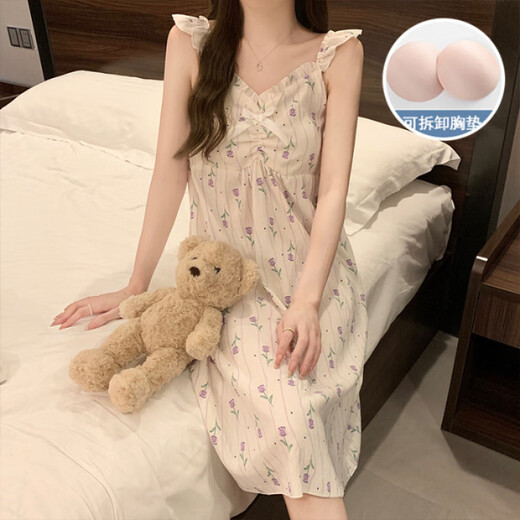 Jingpufei HelloKitty Yunduo cotton pajamas women's suspender nightgown cute chest pad home clothes 9922# nightgown-with chest pad XL 170