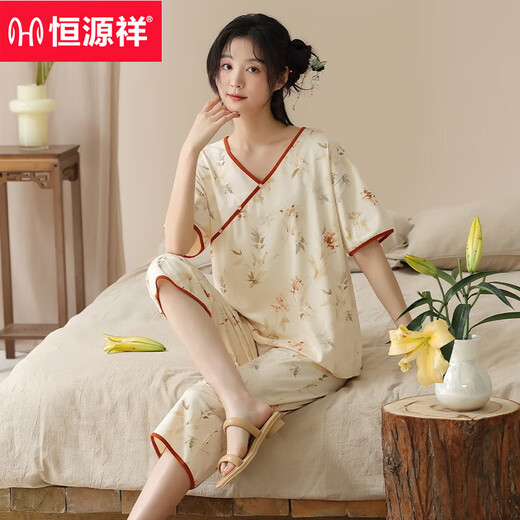 Hengyuanxiang 2025 new summer short-sleeved cropped pants pajamas women's national style home clothes casual and can be worn outside suits National style short-sleeved 9901 YZT cropped pants M Recommended 80-100Jin [Jin equals 0.5 kg]