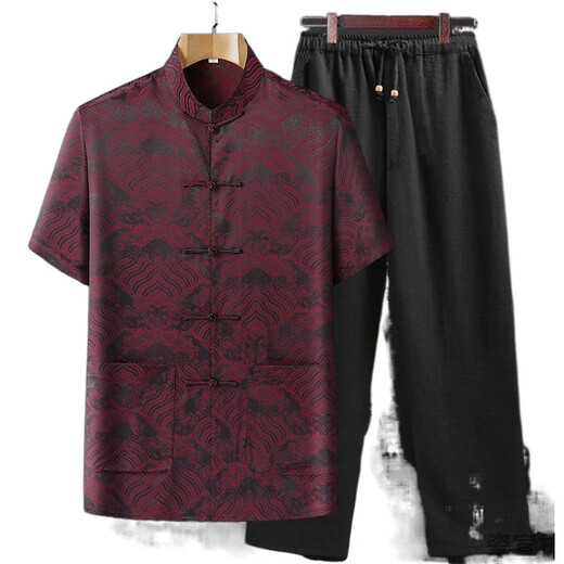 
SMVP Tang suit summer mulberry silk men's suit silk middle-aged and elderly short-sleeved thin shirt cotton dad summer suit grandpa China gray-blue top average size 3890-100Jin [Jin equals 0.5 kg]